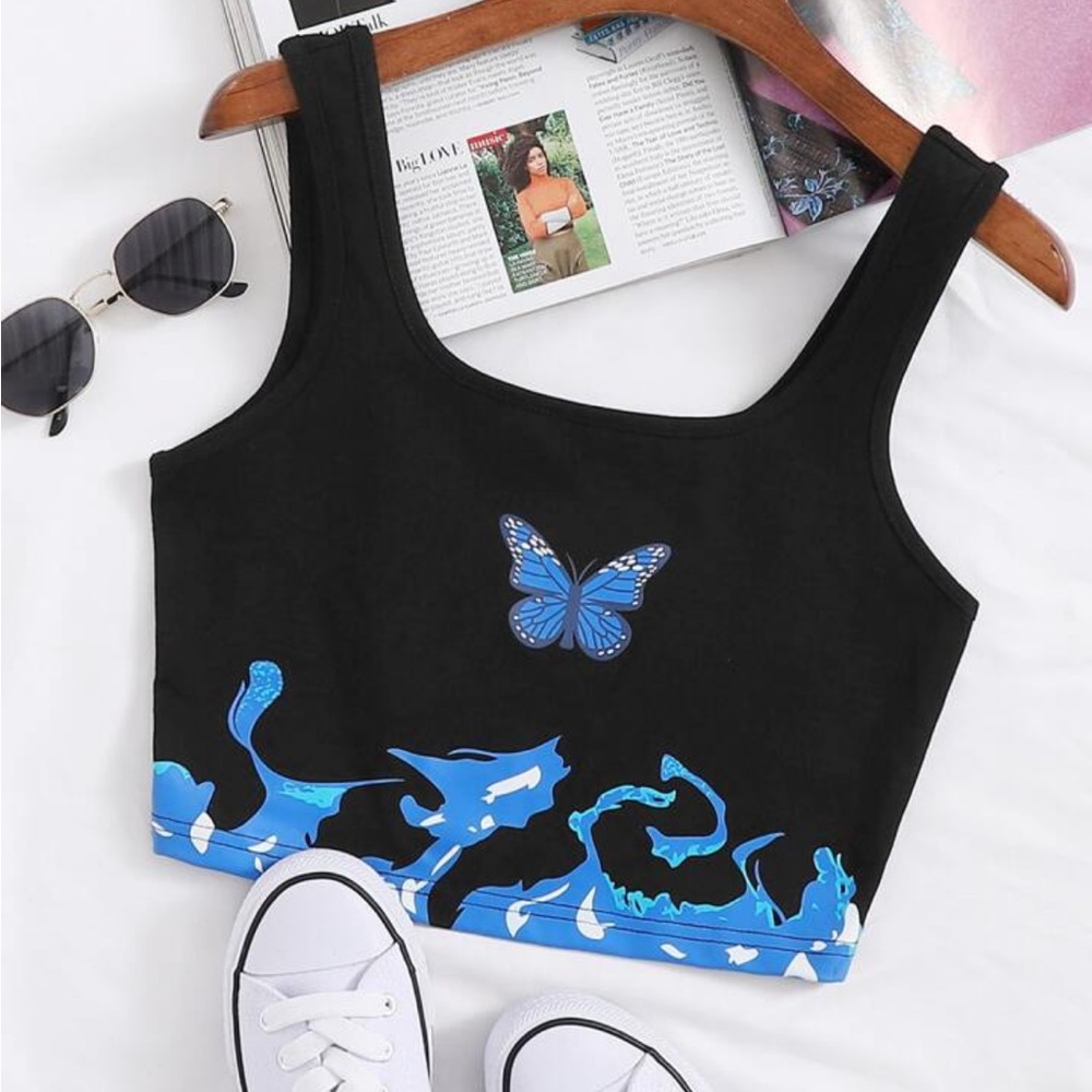 SHEIN 90S Y2K BLACK BLUE BUTTERFLY PRINT CROP TOP SIZE SMALL HIPPIE BOHO BEACHY